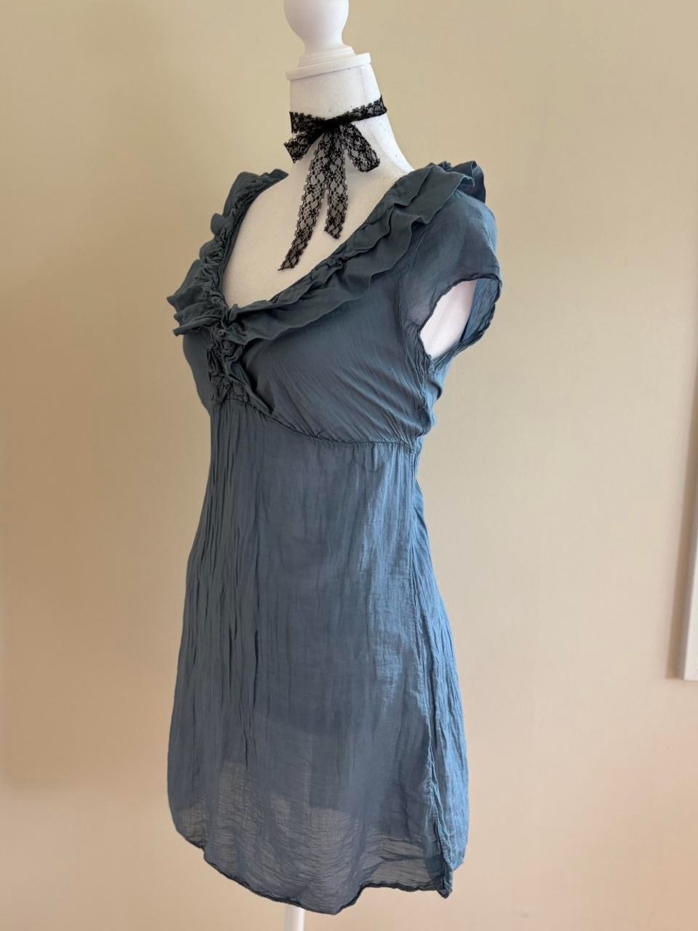Vintage Italian silk dress mini babydoll blue ruffle coquette Y2K European M - Picture 5 of 10